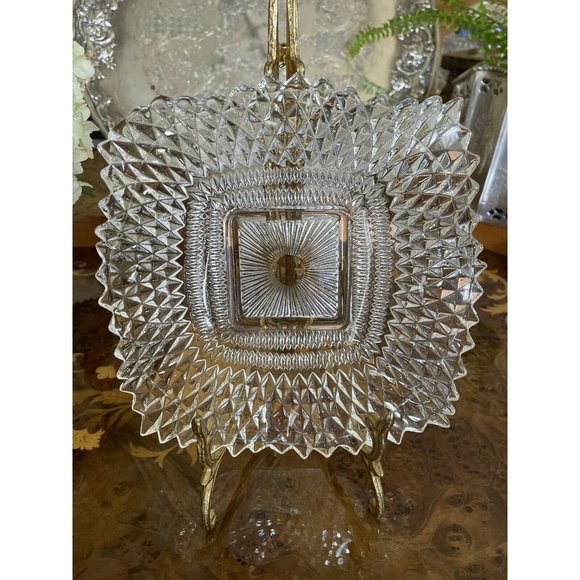 Vintage Clear INDIANA GLASS Co Square Ruffled Diamond Point Candy Nut Dish Bowl - Picture 3 of 6